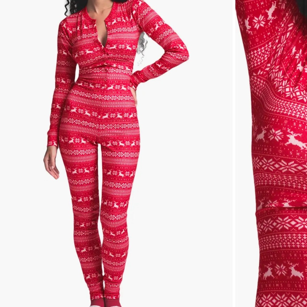 Skims Holiday Collection Logo Plush Pointelle Henley Pajama Jumpsuit